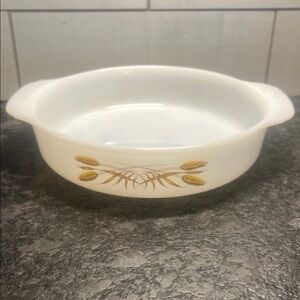 Vintage Fire King Golden Wheat White Casserole Dish with Wheat Design